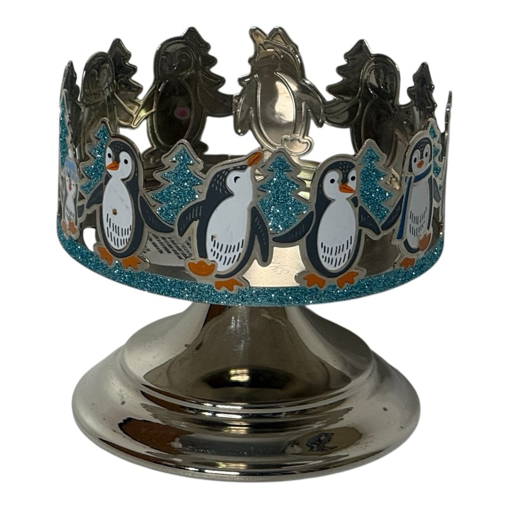 Bath &‎ Body Works Dancing Penguins Candle Holder Metal Pedestal 4" Diameter - Picture 2 of 9